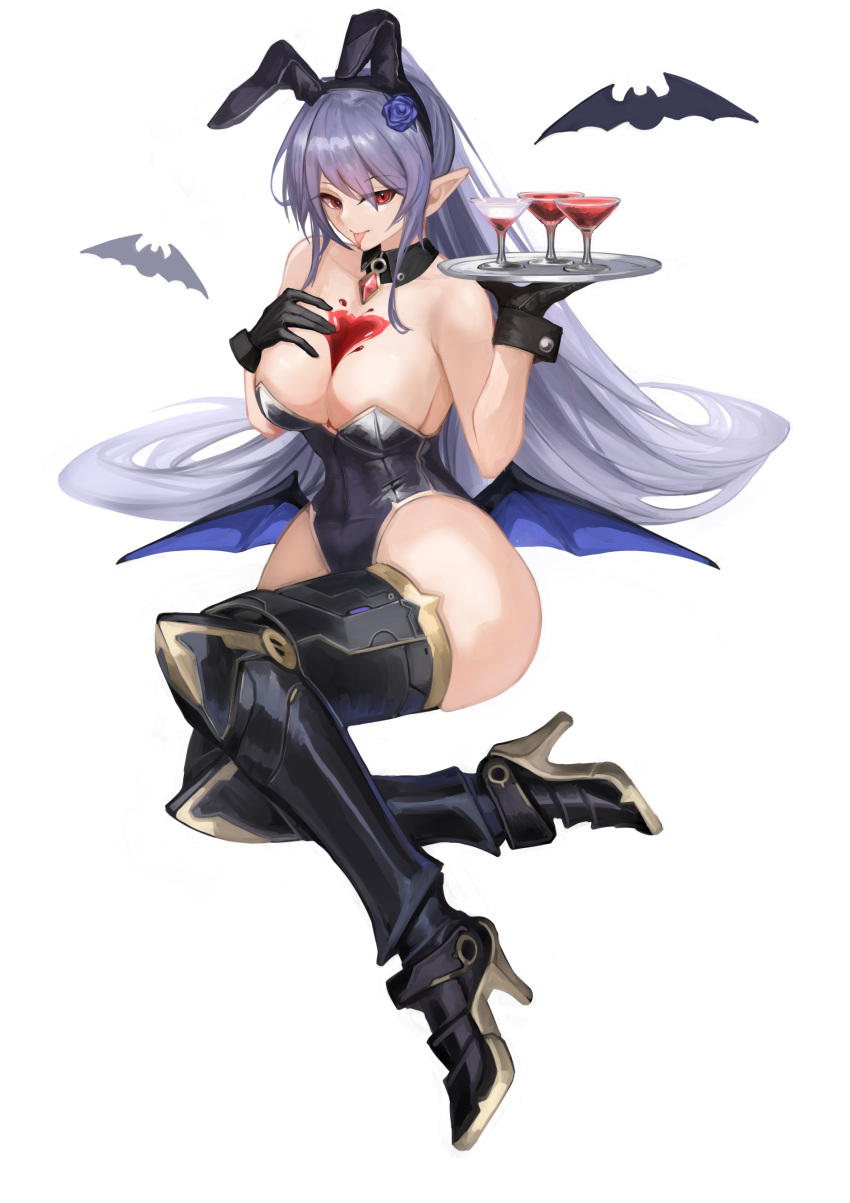 1girl absurdres aokuma_(yuuran_create) black_gloves blue_hair boots breasts champagne_coupe character_request commentary_request cup detached_collar drinking_glass epic_seven flower full_body gloves hair_flower hair_ornament hand_on_own_chest high_heel_boots high_heels highres holding holding_tray large_breasts leotard long_hair looking_at_viewer low_wings nontraditional_playboy_bunny pointy_ears red_eyes solo strapless strapless_leotard thigh_boots tongue tongue_out tray very_long_hair white_background wings