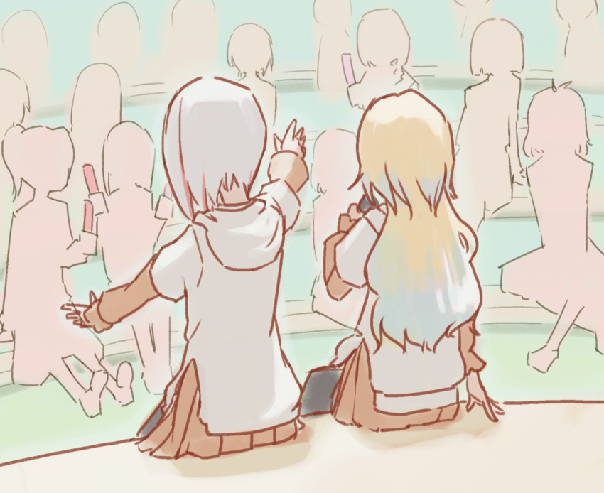 2girls audience blonde_hair blue_hair brown_dress concert crowd dress from_behind glowstick gradient_hair hand_on_floor holding holding_glowstick holding_microphone hood hood_down hoodie laorenxing link!_like!_love_live! long_hair long_sleeves looking_ahead love_live! microphone multicolored_hair multiple_girls on_floor osawa_rurino outstretched_arms penlight_(glowstick) red_hair short_hair silhouette sitting stage streaked_hair white_hair white_hoodie yugiri_tsuzuri