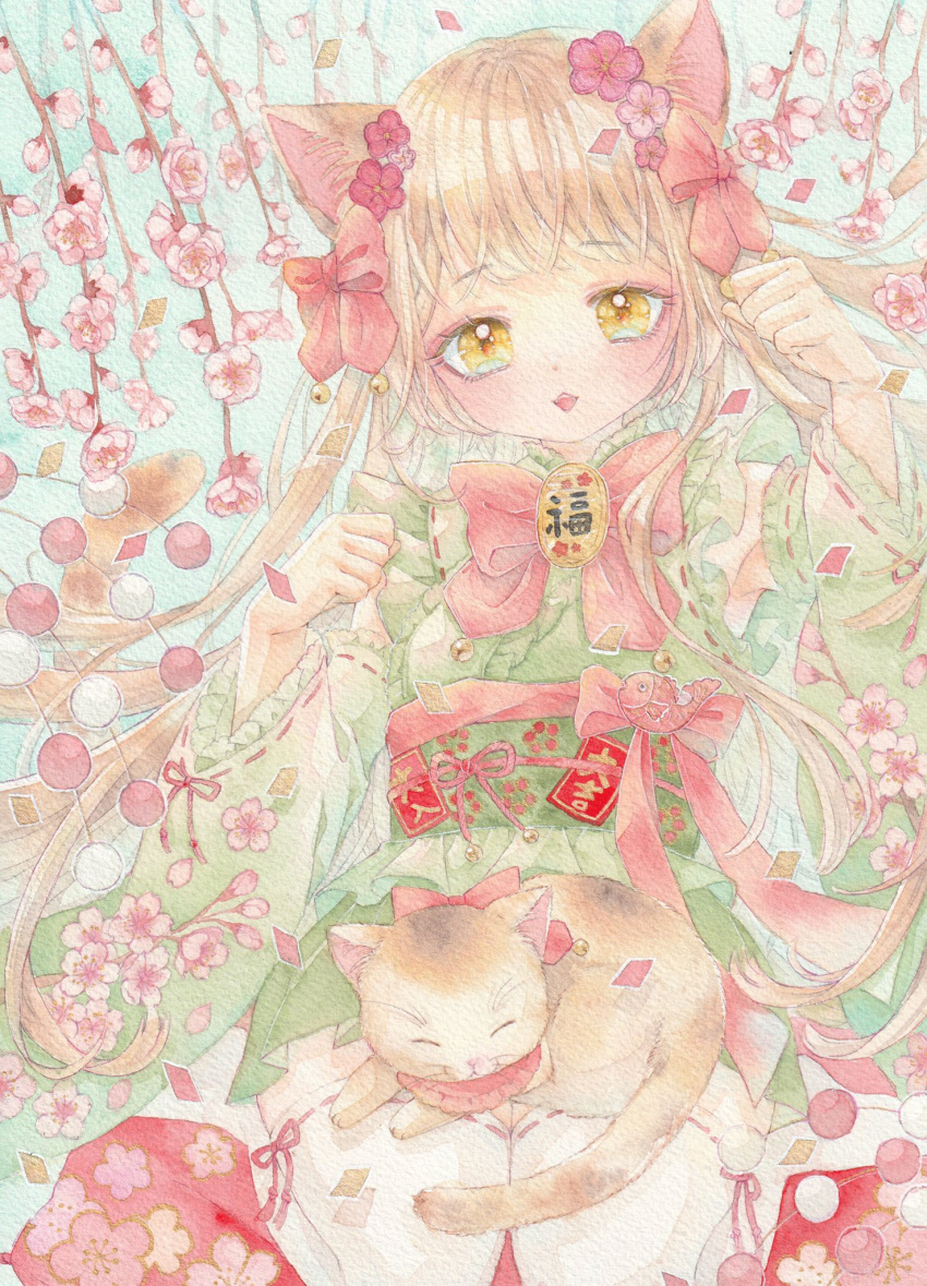 1girl :o amu_(m_aa) animal_ears animal_on_lap blonde_hair bow bowtie cat cat_day cat_ears cat_girl cherry_blossoms detached_sleeves dress floral_print_kimono flower green_background green_dress hair_flower hair_ornament hands_up highres hongbao long_hair long_sleeves looking_at_viewer on_lap open_mouth original painting_(medium) paw_pose pink_bow pink_bowtie pom_pom_(clothes) red_ribbon ribbon ribbon-trimmed_sleeves ribbon-trimmed_thighhighs ribbon_trim sitting solo teeth thighhighs traditional_media twintails upper_teeth_only wariza watercolor_(medium) white_thighhighs yellow_eyes