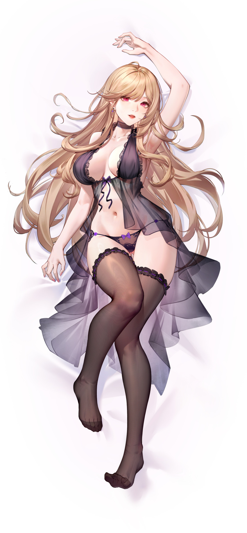 1girl absurdres arm_up armpits ass_visible_through_thighs babydoll black_babydoll black_choker black_panties black_thighhighs blonde_hair bow bow_panties breasts breasts_apart choker collarbone commentary commission dakimakura_(medium) drop_earrings earrings empire_waist fine_fabric_emphasis frilled_babydoll frills from_above full_body heart heart_earrings heart_in_eye highres jewelry lace lace_panties long_hair looking_at_viewer lying narrow_waist navel original panties parted_lips purple_bow q18607 red_eyes red_lips see-through solo symbol_in_eye teeth thighhighs underwear upper_teeth_only very_long_hair