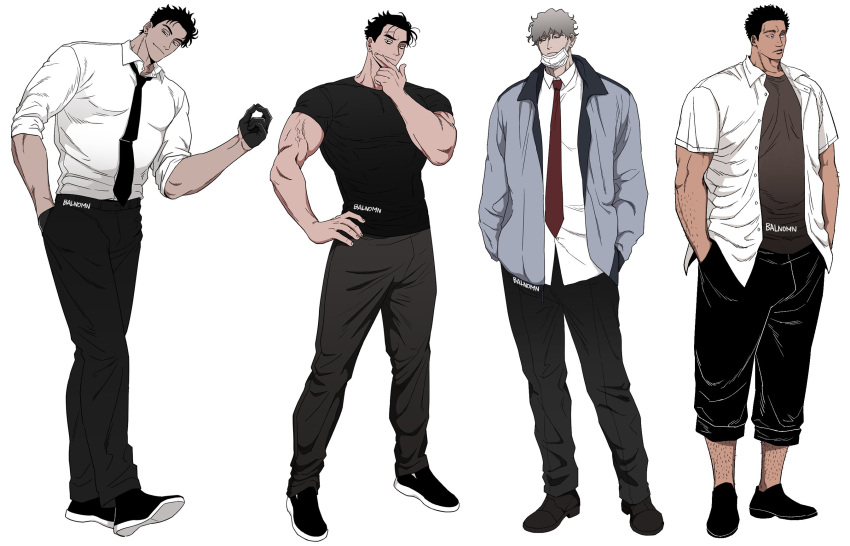 4boys bad_id bad_twitter_id balnom bara collared_shirt formal full_body gloves hand_on_own_chin head_tilt highres jacket large_pectorals looking_at_viewer male_focus mature_male multiple_boys muscular muscular_male necktie open_clothes open_jacket original pectorals shirt short_hair shorts standing stroking_own_chin t-shirt thick_eyebrows veins veiny_arms white_background