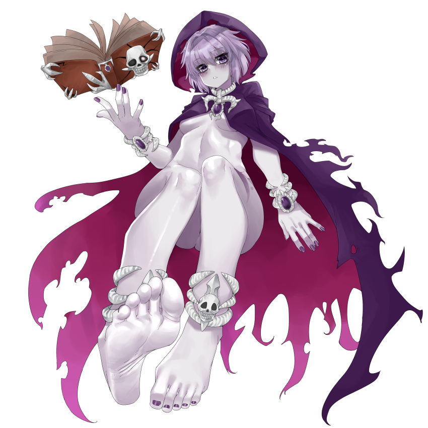 1girl absurdres anklet barefoot bone bone_necklace book breasts cape colored_skin commission eiji_(eiji) feet floating foot_focus full_body gem greek_toe grimoire hand_up highres hood hood_up hooded_cape jewelry legs lich_(monster_girl_encyclopedia) light_blush looking_at_viewer magic monster_girl_encyclopedia nail_polish navel nude open_book pale_skin parted_lips pedicure pixiv_commission purple_cape purple_eyes purple_gemstone purple_hair purple_nails purple_skin short_hair sidelocks simple_background skull small_breasts soles tachi-e toenail_polish toenails toes torn_cape torn_clothes underboob white_background