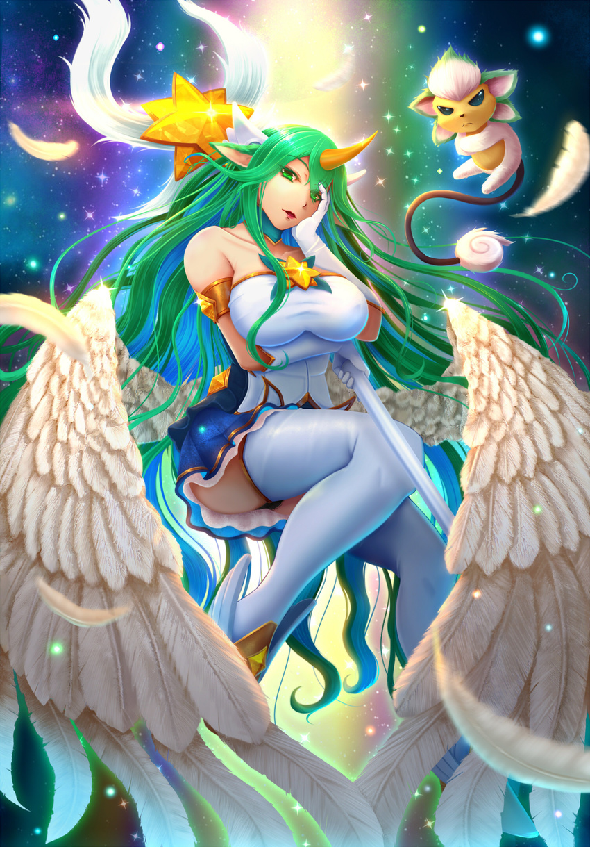 1girl alternate_costume armlet dress gloves green_eyes green_hair horn league_of_legends long_hair short_dress solo soraka star_guardian_soraka thighhighs very_long_hair wand white_gloves wings