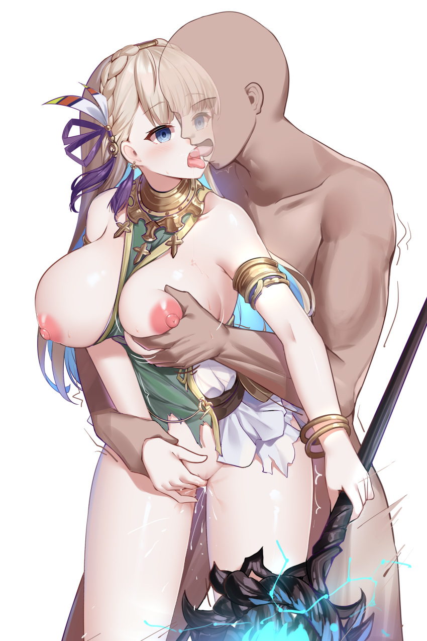 1boy 1girl absurdres armlet bald bare_legs bare_shoulders blonde_hair blue_eyes blunt_bangs braid breasts clothed_female_nude_male collarbone cowboy_shot earrings faceless faceless_male feather_earrings feathers fingering french_kiss grabbing grabbing_another's_breast groping hair_ornament hair_ribbon hetero highres holding holding_staff jewelry kiss large_breasts long_hair masturbation nipples nude open_mouth purple_ribbon ribbon riley_(shadowverse) shadowverse simple_background staff standing thick_thighs thighs tongue tongue_out torn_clothes watchdog_rol_(y1104280730) white_background