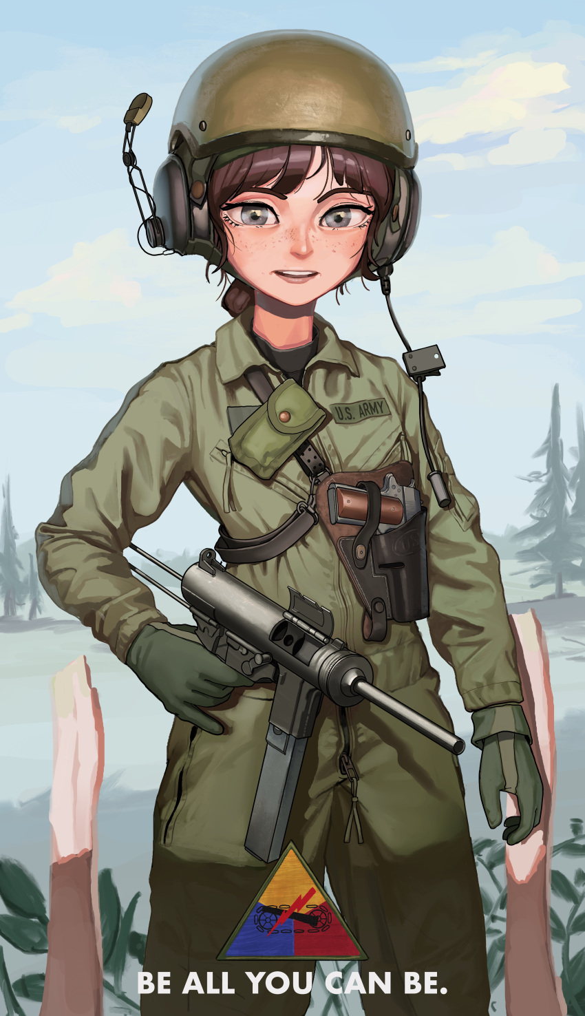 1girl absurdres ammunition_pouch blue_sky breast_pocket brown_hair cloud commentary_request crotch_zipper day english_commentary english_text finger_on_trigger freckles gloves green_gloves green_jacket green_pants grey_eyes gun handgun headset helmet highres holding holding_gun holding_weapon holster holstered jacket korean_commentary long_hair long_sleeves looking_at_viewer m1911 m3_submachine_gun magazine_(weapon) microphone military military_uniform mixed-language_commentary original outdoors pants pocket pouch rifleman1130 sky soldier solo standing submachine_gun turtleneck uniform united_states_army upper_body weapon zipper zipper_pull_tab