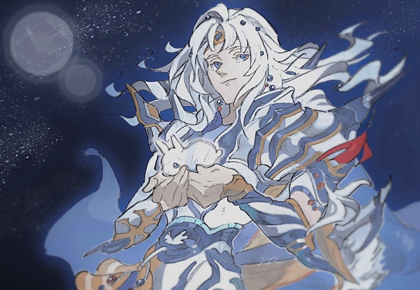 1boy animal armor blue_cape blue_eyes blue_headband breastplate bright_pupils cape cecil_harvey commentary dene_tri final_fantasy final_fantasy_iv full_armor full_moon hands_up headband holding holding_animal light_smile long_hair looking_to_the_side male_focus moon night night_sky outdoors pauldrons rabbit red_tassel shoulder_armor sky solo spiked_armor spiked_pauldrons star_(sky) starry_sky upper_body vambraces white_hair