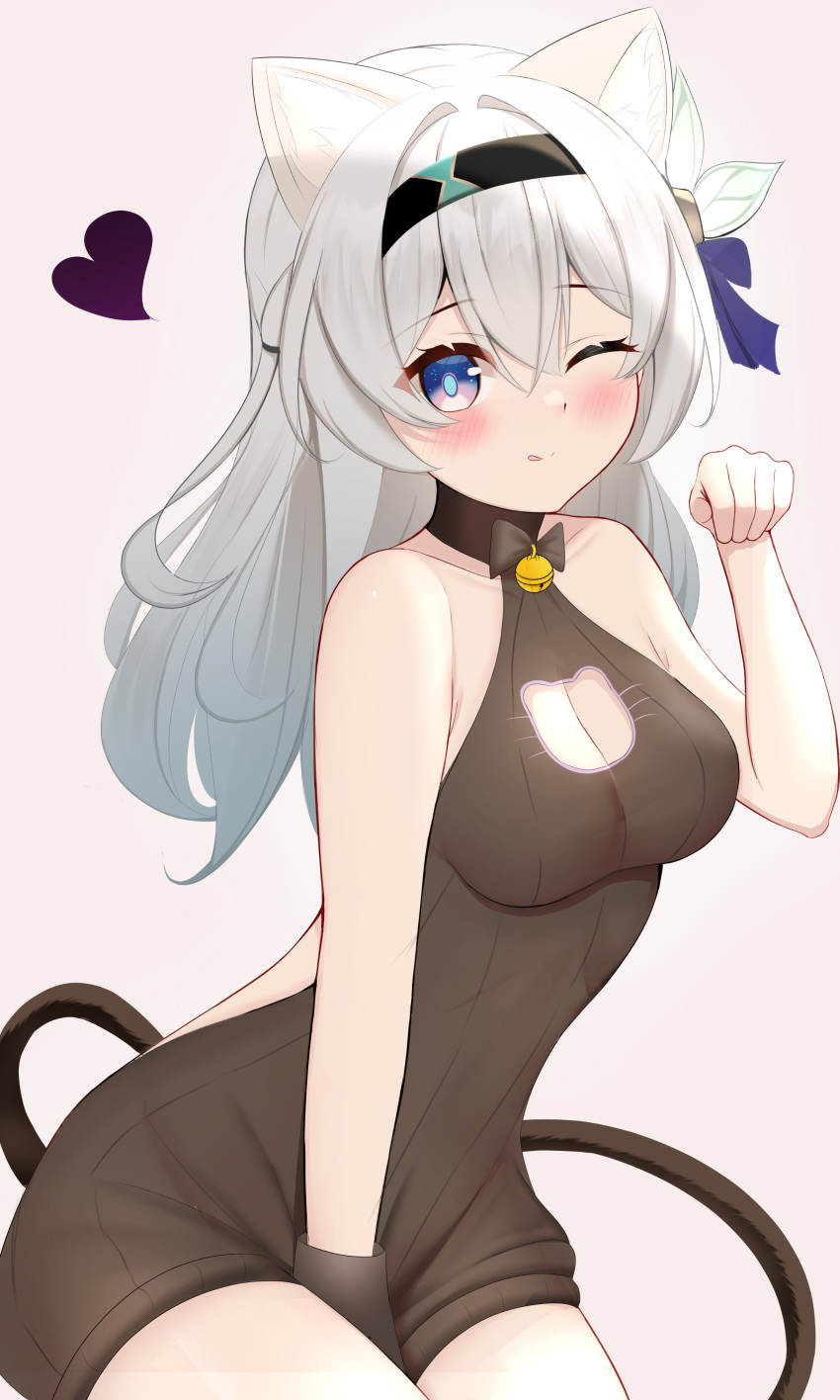 1girl :q absurdres animal_ears arm_between_legs bare_shoulders black_hairband black_sweater blue_eyes blue_pupils blush bow breasts cat_cutout cat_ears cat_girl cat_tail cleavage cleavage_cutout closed_mouth clothing_cutout collarbone cowboy_shot firefly_(honkai:_star_rail) hair_between_eyes hair_bow hair_intakes hairband heart highres honkai:_star_rail honkai_(series) kemonomimi_mode knosdeba large_breasts long_hair looking_at_viewer one_eye_closed paw_pose pink_eyes ribbed_sweater sitting sleeveless sleeveless_turtleneck smile solo sweater tail thighs tongue tongue_out turtleneck turtleneck_sweater two-tone_eyes white_bow white_hair