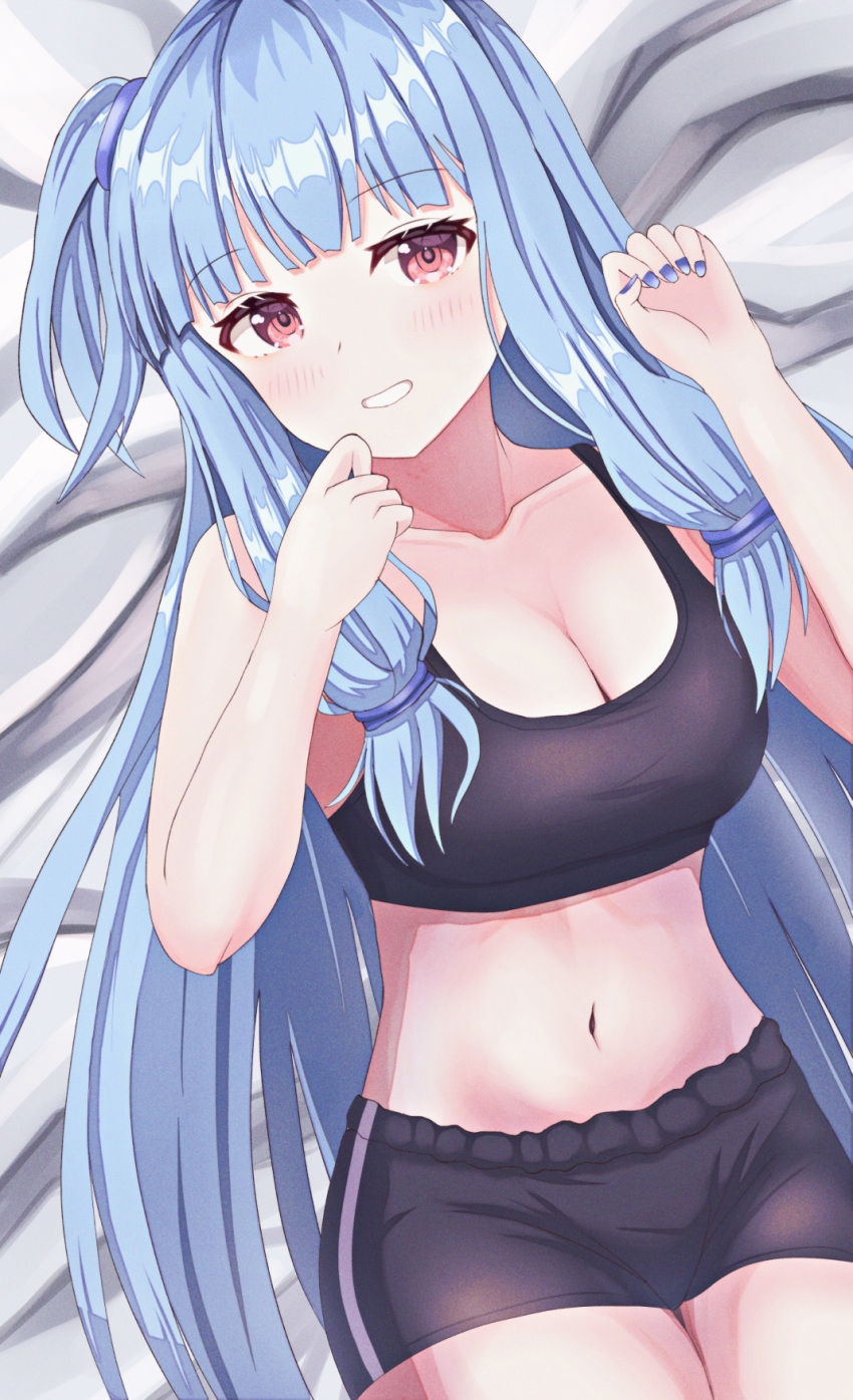 1girl alternate_breast_size bed_sheet black_shorts black_sports_bra blue_hair blue_nails blunt_bangs blush breasts cleavage commentary curled_fingers dutch_angle eyelashes fingernails from_above hair_tie hands_up highres kotonoha_aoi large_breasts long_hair looking_at_viewer low-tied_sidelocks lying nail_polish navel on_bed one_side_up parted_lips red_eyes sakulano_suzuca short_shorts shorts smile solo sports_bra thighs thighs_together very_long_hair voiceroid