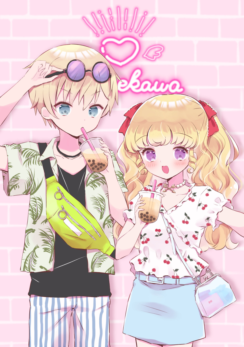 1boy 1girl :d absurdres adjusting_eyewear alternate_costume arm_up bag black_shirt blonde_hair blue_eyes blue_pants blue_skirt brick_wall brother_and_sister bubble_tea cup disposable_cup drinking eyewear_on_head fanny_pack green_shirt hair_ribbon hand_up hawaiian_shirt highres hoshikuzu_(pinkholic) idol_time_pripara long_hair looking_at_viewer open_mouth pants pretty_series pripara purple_eyes red_ribbon ribbon round_eyewear shirt short_hair short_sleeves siblings skirt smile standing sunglasses twintails wavy_hair white_shirt yumekawa_shogo yumekawa_yui