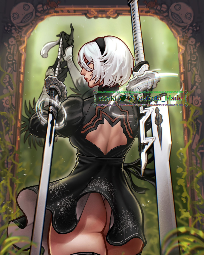 1girl 2b_(nier:automata) ass ayaki_blade back_cutout black_dress black_gloves black_hairband black_thighhighs blue_eyes breasts cameo clothing_cutout dress emil_(nier) feather-trimmed_sleeves flat_ass floating floating_object floating_sword floating_weapon from_behind gloves hairband highres huge_weapon leotard leotard_under_clothes looking_at_viewer looking_back medium_breasts mole mole_under_mouth nier:automata nier_(series) no_blindfold no_bra post-apocalypse short_hair shoulder_blades solo sword thick_thighs thighhighs thighs thong_leotard toned virtuous_contract virtuous_treaty weapon weapon_on_back white_leotard wind wind_lift
