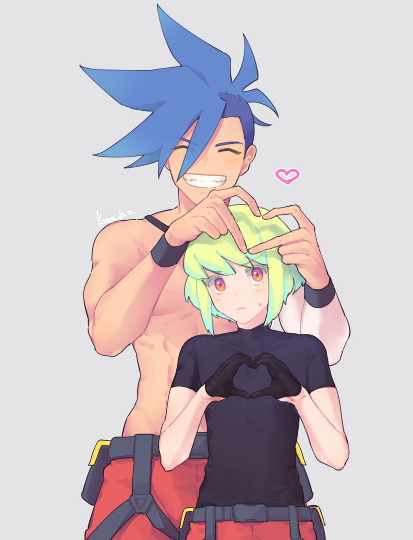 2boys androgynous artist_name belt black_gloves blue_hair blush clenched_teeth closed_eyes closed_mouth commentary cropped_legs galo_thymos gloves green_hair grey_background heart heart_hands highres kome_1022 lio_fotia looking_at_viewer male_focus mohawk multicolored_eyes multiple_boys muscular muscular_male orange_eyes pants pink_eyes promare short_hair short_sleeves sidelocks simple_background smile spiked_hair sweat sweatdrop teeth topless_male wrist_cuffs