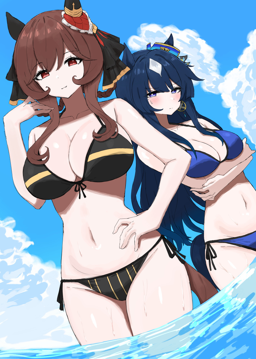 2girls absurdres animal_ears bikini black_bikini blue_bikini blue_eyes blue_hair breasts brown_hair closed_mouth commentary_request highres horse_ears horse_girl horse_tail kumiyabe large_breasts long_hair looking_at_viewer medium_hair multiple_girls navel ocean partially_submerged red_eyes side-tie_bikini_bottom smile standing swimsuit tail umamusume verxina_(umamusume) vivlos_(umamusume)