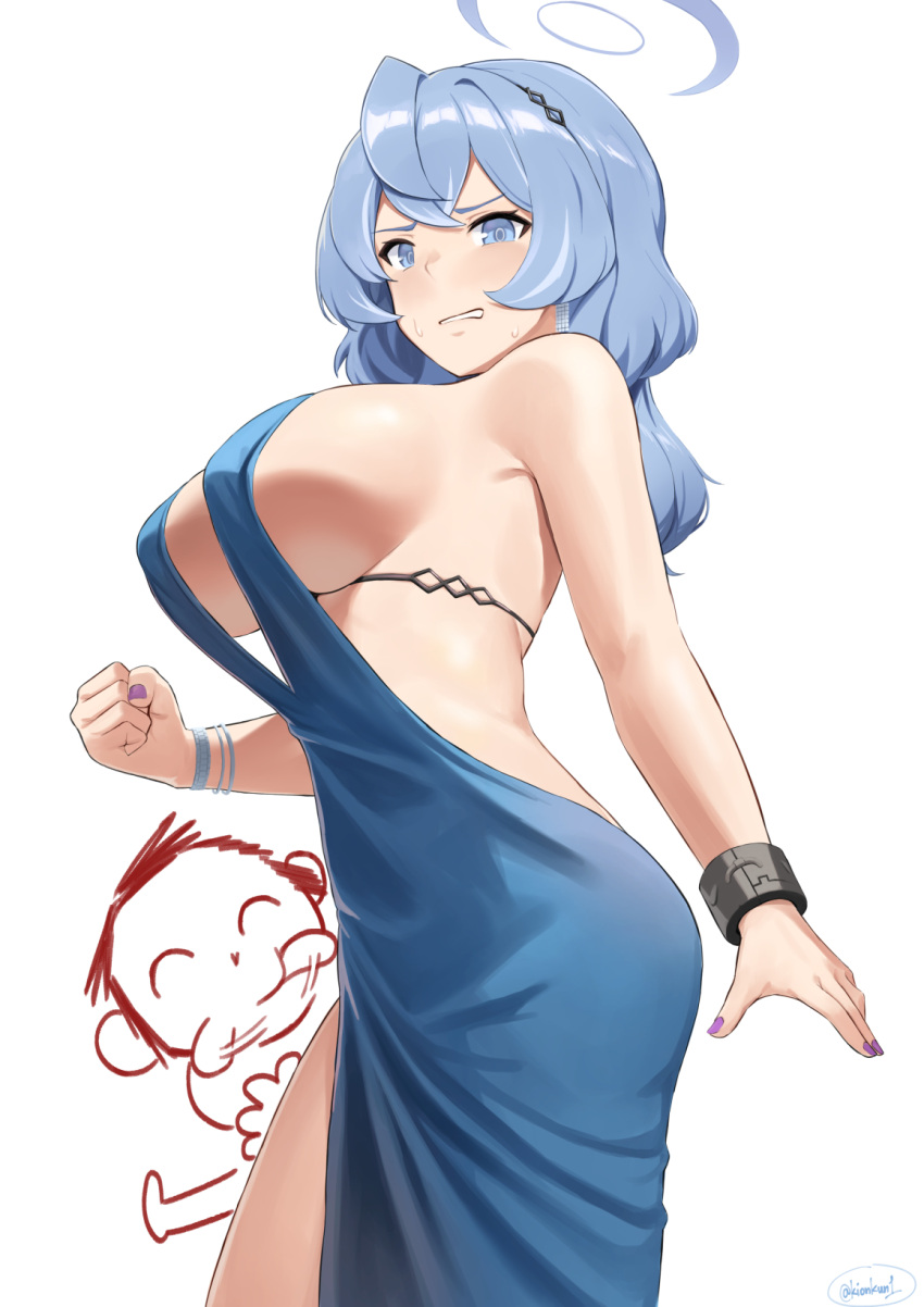 1boy 1girl ako_(blue_archive) ako_(dress)_(blue_archive) black_hairband blue_archive blue_dress blue_eyes blue_hair blue_halo breasts cowboy_shot cuffs doodle_sensei_(blue_archive) dress hair_between_eyes hairband halo handcuffs highres kion-kun large_breasts long_hair official_alternate_costume open_mouth sensei_(blue_archive) sideboob simple_background sleeveless sleeveless_dress twitter_username white_background
