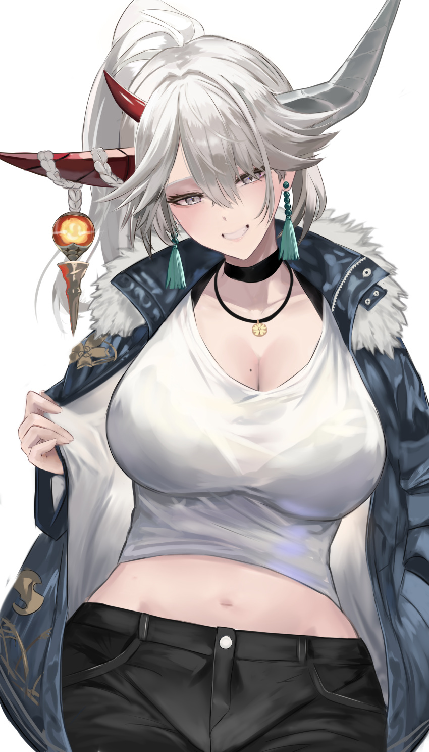 1girl absurdres asymmetrical_horns azur_lane breasts chiyu1182 choker commission contemporary denim earrings fur_trim grey_hair hair_between_eyes hair_on_horn hakuryuu_(azur_lane) highres holding horns huge_breasts jacket jeans jewelry long_hair looking_at_viewer mismatched_horns mole mole_on_breast necklace open_clothes open_jacket pants red_horns shirt solo stomach white_eyes white_hair white_horns white_shirt