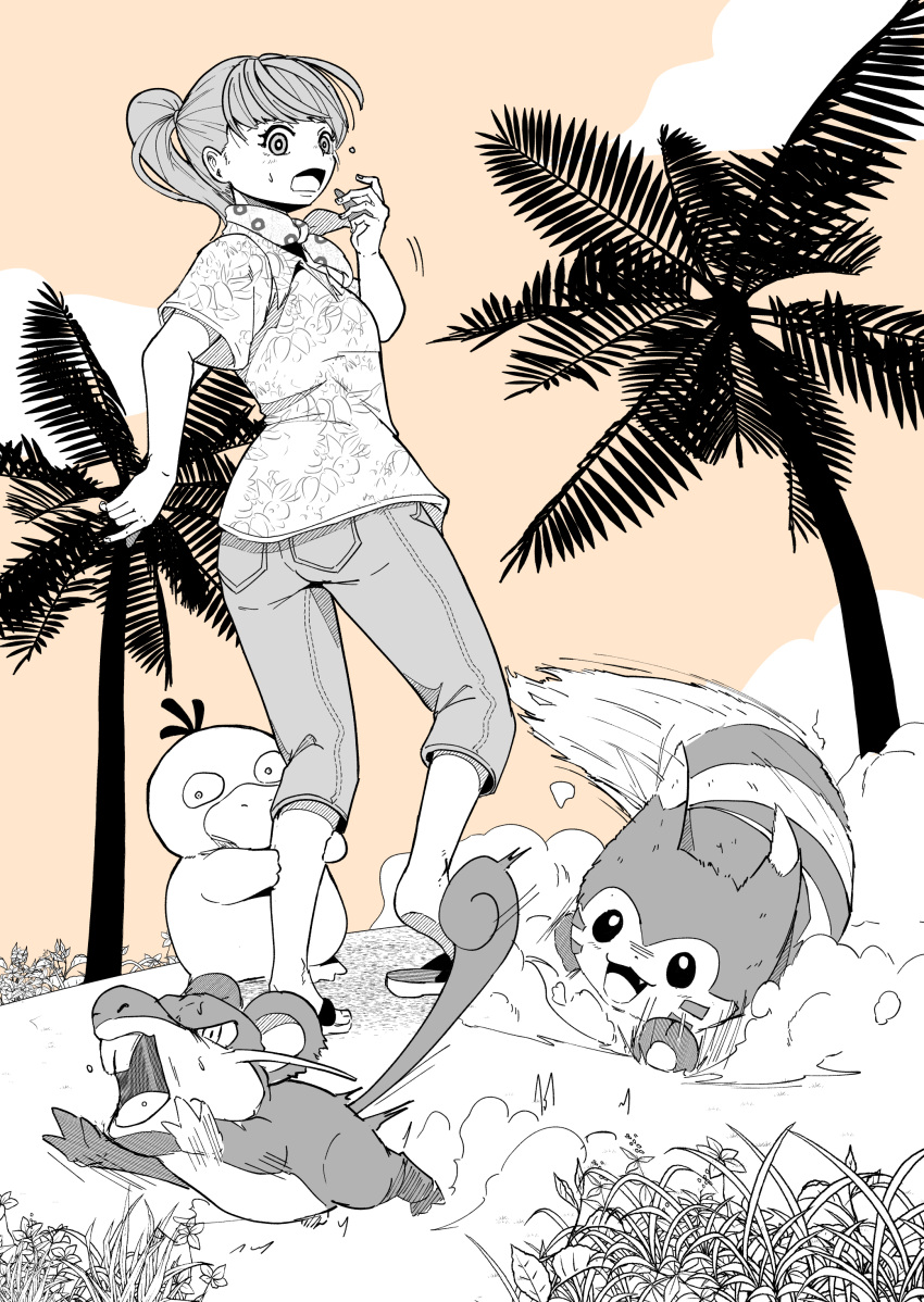 1girl 3others :3 absurdres artist_request ass beach brown_background cloud collared_shirt day denim full_body furret grass greyscale_with_colored_background haru_(pokemon) hawaiian_shirt highres jeans jumping long_hair looking_at_another looking_back monochrome motion_lines multiple_others open_mouth palm_tree pants pokemon pokemon_(creature) pokemon_concierge ponytail psyduck rattata running sandals scared shirt short_sleeves simple_background squatting sweat teeth tree upper_teeth_only wakitani_wit8