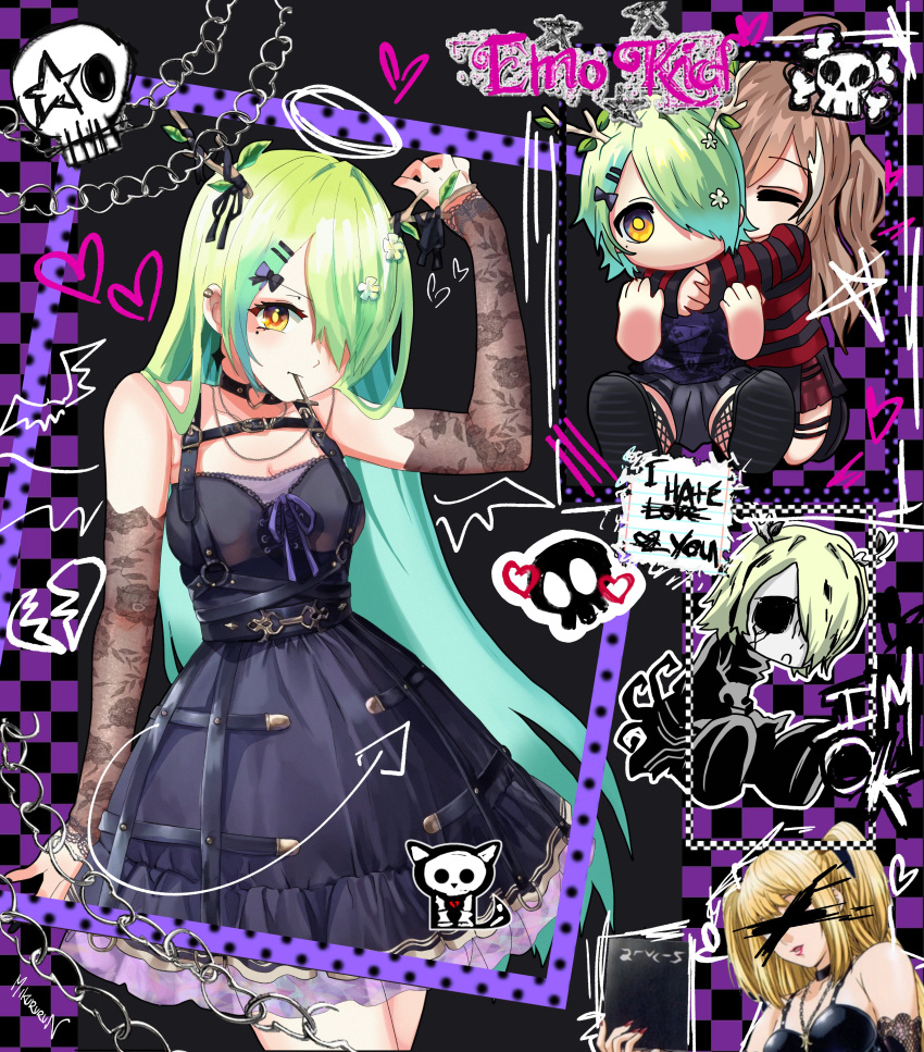 3girls absurdres amane_misa antler_ribbon antlers black_dress breasts broken_heart censored ceres_fauna chibi cleavage closed_eyes commentary death_note derivative_work detached_sleeves dress emo_fashion fishnet_thighhighs fishnets green_hair hair_over_one_eye heart highres hololive hololive_english horns hug identity_censor kneeling medium_breasts miku_(mikururun) miniskirt multiple_girls nanashi_mumei ribbon shirt short_dress skirt skull_and_crossbones striped_clothes striped_shirt thighhighs twintails virtual_youtuber yellow_eyes