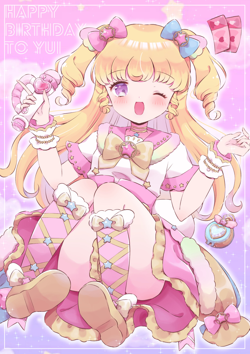 1girl ;d absurdres blonde_hair blush bow character_name full_body hair_bow hair_ornament hands_up happy_birthday highres holding holding_microphone hoshikuzu_(pinkholic) idol_clothes idol_time_pripara knees_up long_hair looking_at_viewer microphone one_eye_closed open_mouth pink_background pink_bow pink_skirt pink_socks pretty_series pripara priticket purple_eyes ringlets shirt shoe_soles short_sleeves skirt smile socks solo star_(symbol) star_hair_ornament two_side_up white_shirt wrist_cuffs yellow_bow yumekawa_yui