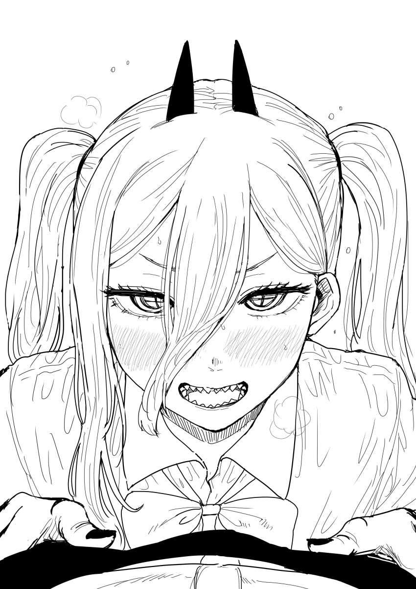 1boy 1girl absurdres blush bow bowtie chainsaw_man commentary_request cross-shaped_pupils hair_between_eyes heavy_breathing hetero highres horns kaiman_garupan monochrome nail_polish official_alternate_hairstyle open_mouth pov power_(chainsaw_man) sharp_teeth smile symbol-shaped_pupils teeth twintails