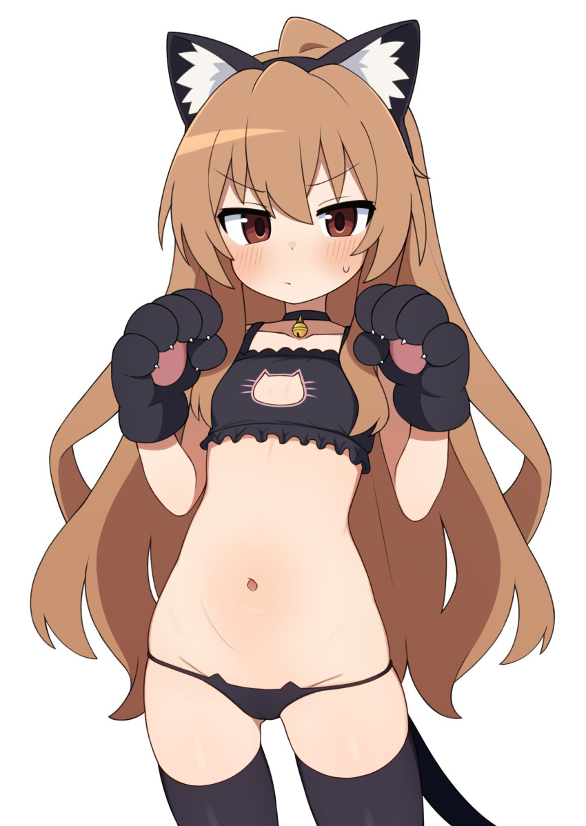 1girl aisaka_taiga animal_ear_fluff animal_ears animal_hands black_bra black_gloves black_hairband black_panties black_thighhighs bra breasts brown_hair cat_cutout clothing_cutout commentary cowboy_shot fake_animal_ears gloves hairband highres long_hair looking_at_viewer lowleg lowleg_panties meme_attire mikoscrub navel panties paw_gloves paw_pose skindentation small_breasts solo standing symbol-only_commentary thighhighs toradora! underwear underwear_only v-shaped_eyebrows