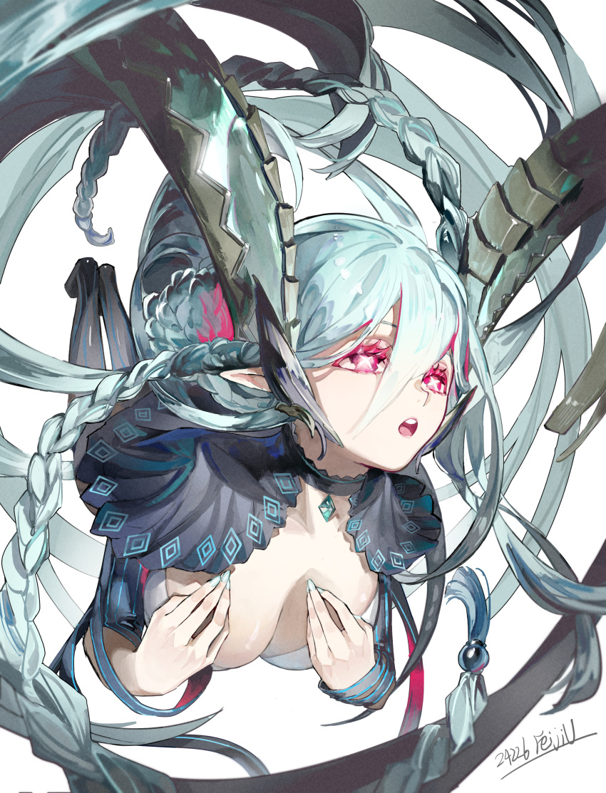 1girl absurdres aqua_hair black_shirt black_thighhighs braid breasts choker cleavage cropped_shirt curled_horns fate/grand_order fate_(series) feijiu hair_between_eyes highres horns jewelry large_breasts larva_tiamat_(fate) larva_tiamat_(third_ascension)_(fate) long_hair open_mouth pendant pink_eyes pointy_ears shirt shrug_(clothing) sidelocks striped_clothes striped_sleeves striped_thighhighs symbol-shaped_pupils thighhighs tiamat_(fate) very_long_hair