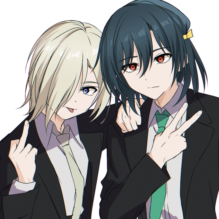 2girls :p amakuma black_hair black_jacket black_suit closed_mouth collared_shirt commentary green_necktie grey_necktie hair_over_one_eye hair_ribbon hand_on_another's_shoulder highres inward_v jacket long_sleeves looking_at_viewer love_live! love_live!_nijigasaki_high_school_idol_club mia_taylor middle_finger mifune_shioriko multiple_girls necktie one_eye_covered open_clothes open_jacket purple_eyes red_eyes ribbon shirt short_hair suit suit_jacket tongue tongue_out white_background white_shirt yellow_ribbon