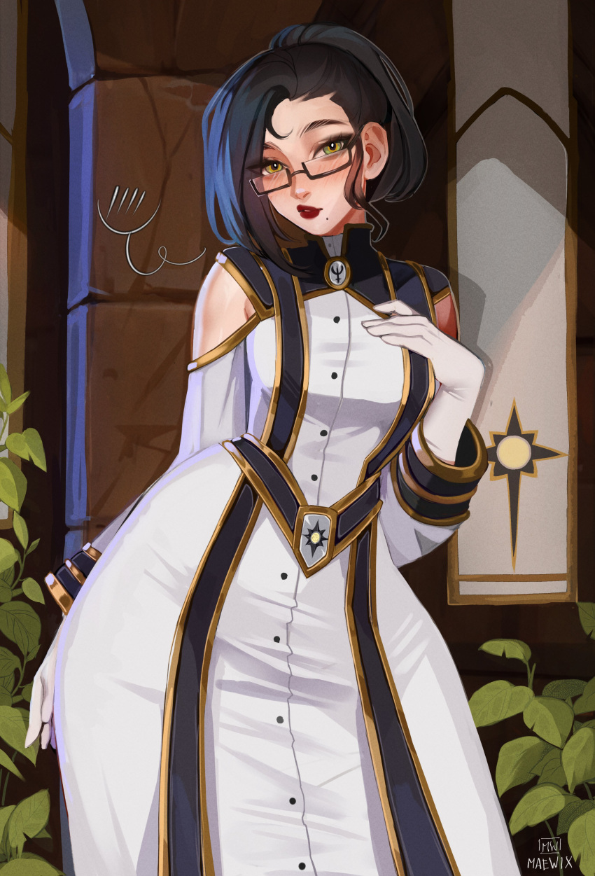 1girl absurdres artist_name black_hair blush clothing_cutout dress glasses gloves green_eyes hairstyle_request highres looking_at_viewer maewix_(artist) mole mole_under_mouth original outdoors plant red_lips shoulder_cutout solo white_dress white_gloves