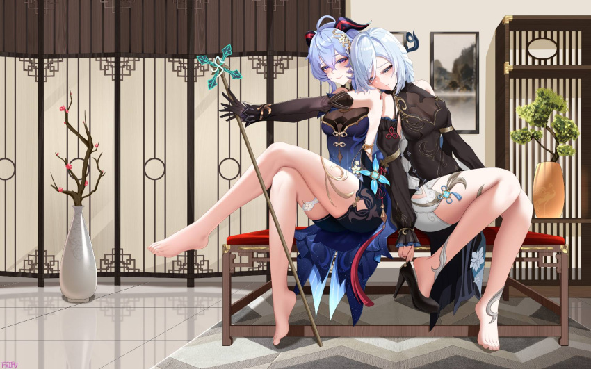 1girl bare_legs barefoot black_dress black_gloves blue_dress blue_hair breasts commentary_request detached_sleeves dress feifu ganyu_(genshin_impact) ganyu_(twilight_blossom)_(genshin_impact) genshin_impact gloves highres holding horns indoors long_hair long_sleeves looking_at_viewer medium_breasts purple_eyes shenhe_(frostflower_dew)_(genshin_impact) shenhe_(genshin_impact) sleeveless sleeveless_dress smile solo thighs vase