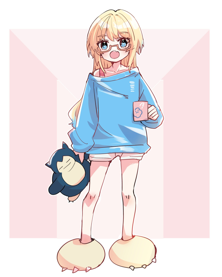 1girl :o animal_shoes blonde_hair blue_eyes blue_hair blue_shirt coffee_mug cup fang glasses gradient_hair hair_down highres holding holding_cup holding_stuffed_toy kanduki_kamibukuro light_blue_hair link!_like!_love_live! long_hair looking_at_viewer love_live! mug multicolored_hair osawa_rurino pokemon red-framed_eyewear semi-rimless_eyewear shirt shorts skin_fang snorlax strap stuffed_toy t-shirt white_shorts