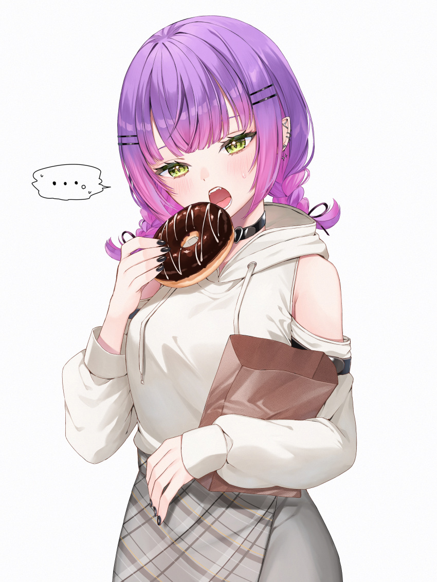 ... 1girl absurdres alternate_costume bare_shoulders black_choker blush breasts choker colored_inner_hair doughnut ear_piercing food gradient_hair green_eyes hair_ornament highres holding holding_food hololive looking_at_viewer medium_breasts medium_hair multicolored_hair open_mouth piercing pink_hair purple_hair runlan_0329 solo streaked_hair tokoyami_towa variant_set virtual_youtuber white_background