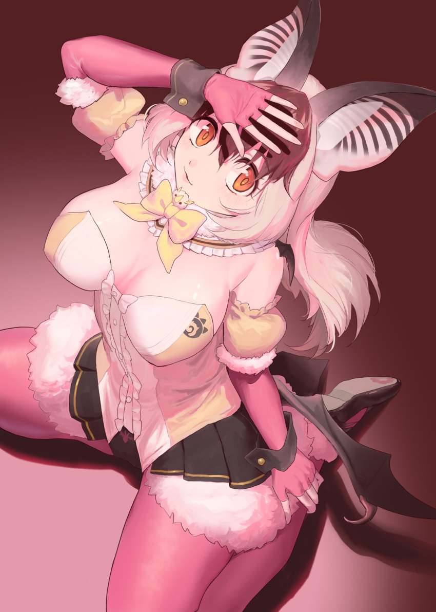 1girl animal_ears bat_ears bat_girl bat_wings breasts brown_eyes brown_hair brown_long-eared_bat_(kemono_friends) chicha_(chi_cha_rigbo) cleavage elbow_gloves extra_ears fingerless_gloves from_above gloves grey_hair highres kemono_friends kemono_friends_v_project large_breasts leotard long_hair looking_at_viewer multicolored_hair pantyhose simple_background skirt solo virtual_youtuber wings