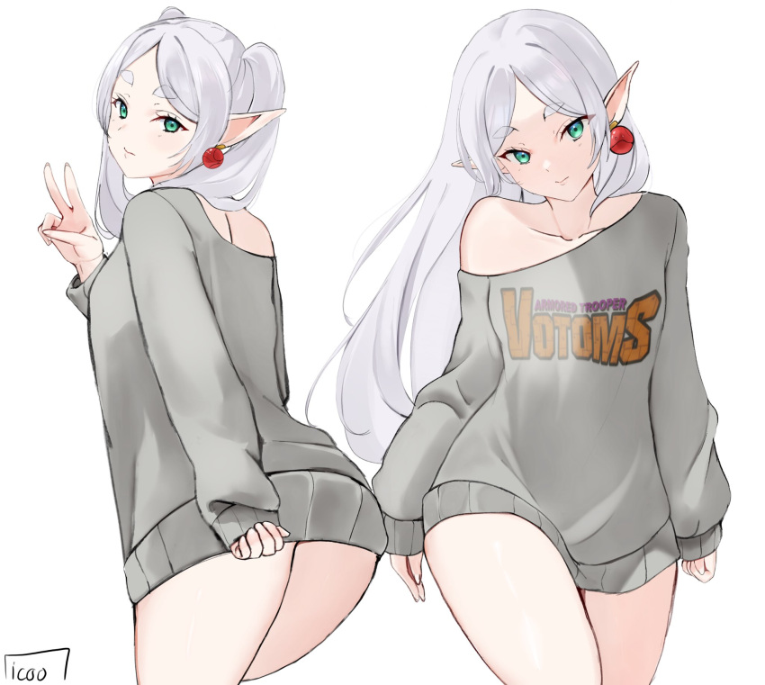 1girl arms_at_sides artist_name closed_mouth earrings elf english_commentary frieren green_eyes grey_sweater gundam hair_down hand_up haro head_tilt highres icoo jewelry light_smile long_hair long_sleeves looking_at_viewer multiple_views no_pants off_shoulder parted_bangs pointy_ears sidelocks simple_background single_bare_shoulder sleeves_past_wrists soukou_kihei_votoms sousou_no_frieren sweater thighs twintails v white_background white_hair