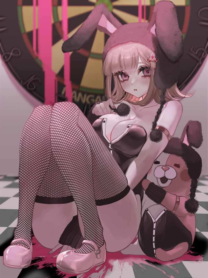 1girl absurdres animal_ears ass black_leotard blood breasts danganronpa_(series) danganronpa_2:_goodbye_despair dart detached_collar fake_animal_ears fake_tail flipped_hair hair_ornament highres large_breasts leotard looking_at_viewer medium_hair mi_loveyouuu mole mole_on_breast nanami_chiaki neck_ribbon official_alternate_costume pink_blood playboy_bunny rabbit_ears rabbit_tail ribbon strapless strapless_leotard tail wrist_cuffs