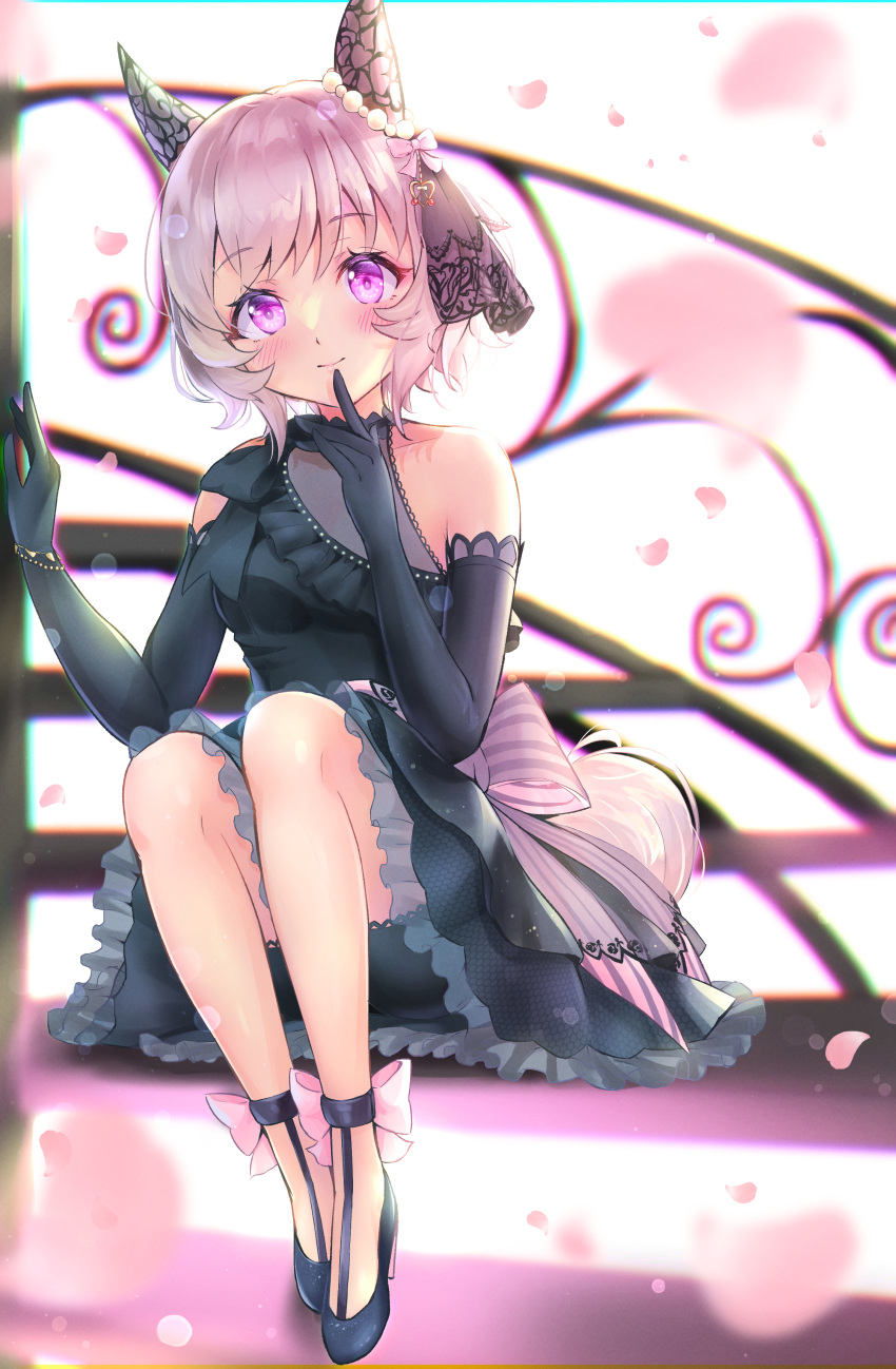 1girl absurdres animal_ears black_dress black_footwear black_gloves blush bow breasts commentary_request curren_chan_(sakutsuki_ma_cherie)_(umamusume) curren_chan_(umamusume) dress ear_covers ear_ornament elbow_gloves falling_petals finger_to_mouth full_body gloves grey_hair high_heels highres horse_ears horse_girl horse_tail medium_breasts official_alternate_costume petals peteron pink_bow purple_eyes short_hair simple_background single_bare_shoulder smile solo tail teeth umamusume white_hair