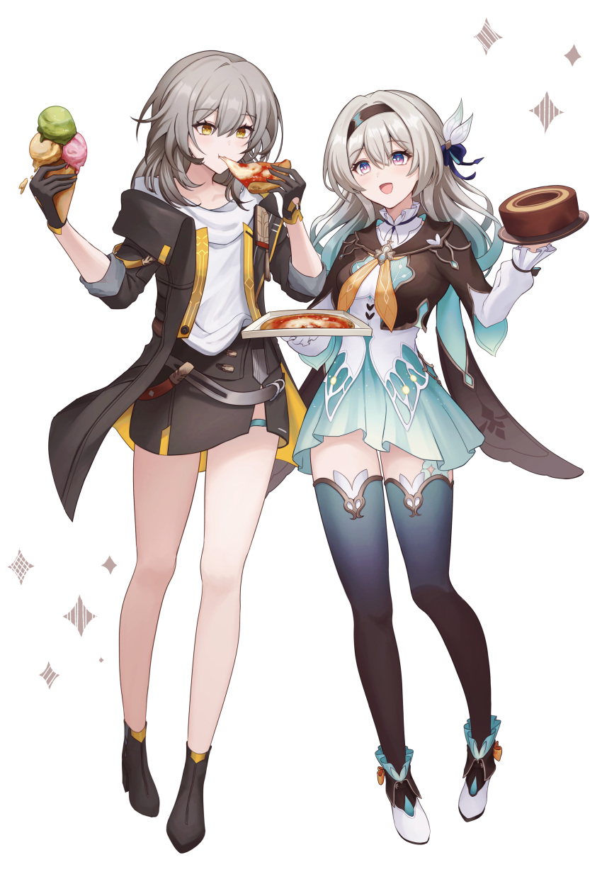 2girls absurdres black_hairband black_jacket black_skirt black_thighhighs brown_gloves cake collarbone cropped_jacket eating firefly_(honkai:_star_rail) food full_body gloves gradient_legwear green_skirt grey_hair hair_intakes hair_ornament hairband hands_up high-waist_skirt highres holding holding_cake holding_food holding_ice_cream_cone holding_pizza honkai:_star_rail honkai_(series) ice_cream_cone jacket miniskirt multiple_girls open_clothes open_jacket open_mouth pencil_skirt pizza shirt sinonomemikann skirt sleeve_rolled_up stelle_(honkai:_star_rail) thigh_strap thighhighs trailblazer_(honkai:_star_rail) two-tone_eyes white_background white_shirt yellow_eyes yellow_trim