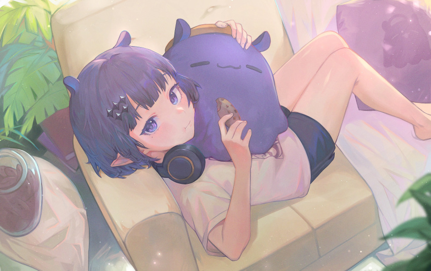 1girl absurdres black_shorts cookie food headphones headphones_around_neck highres holding holding_cookie holding_food hololive hololive_english kiwwwwwi looking_at_viewer mole mole_under_eye ninomae_ina'nis ninomae_ina'nis_(5th_costume) official_alternate_costume pointy_ears purple_eyes purple_hair shirt short_hair shorts solo takodachi_(ninomae_ina'nis) virtual_youtuber white_shirt