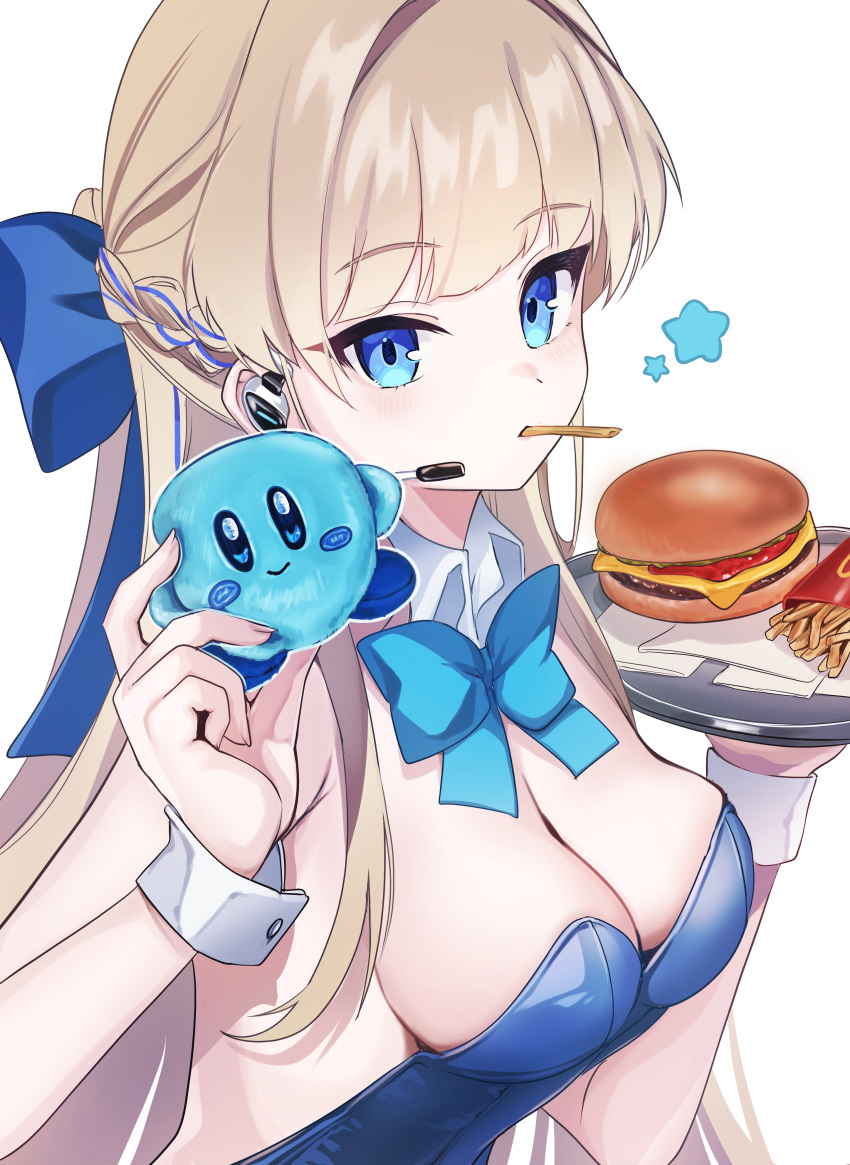 1girl absurdres animal_ears baba_kirika blonde_hair blue_archive blue_bow blue_bowtie blue_eyes blue_hair blue_leotard blush bow bowtie braid breasts burger cleavage crossover detached_collar fake_animal_ears food french_fries highres kirby kirby_(series) leotard long_hair looking_at_viewer medium_breasts mouth_hold multicolored_hair official_alternate_costume rabbit_ears simple_background solo star_(symbol) strapless strapless_leotard streaked_hair toki_(blue_archive) toki_(bunny)_(blue_archive) upper_body white_background wrist_cuffs