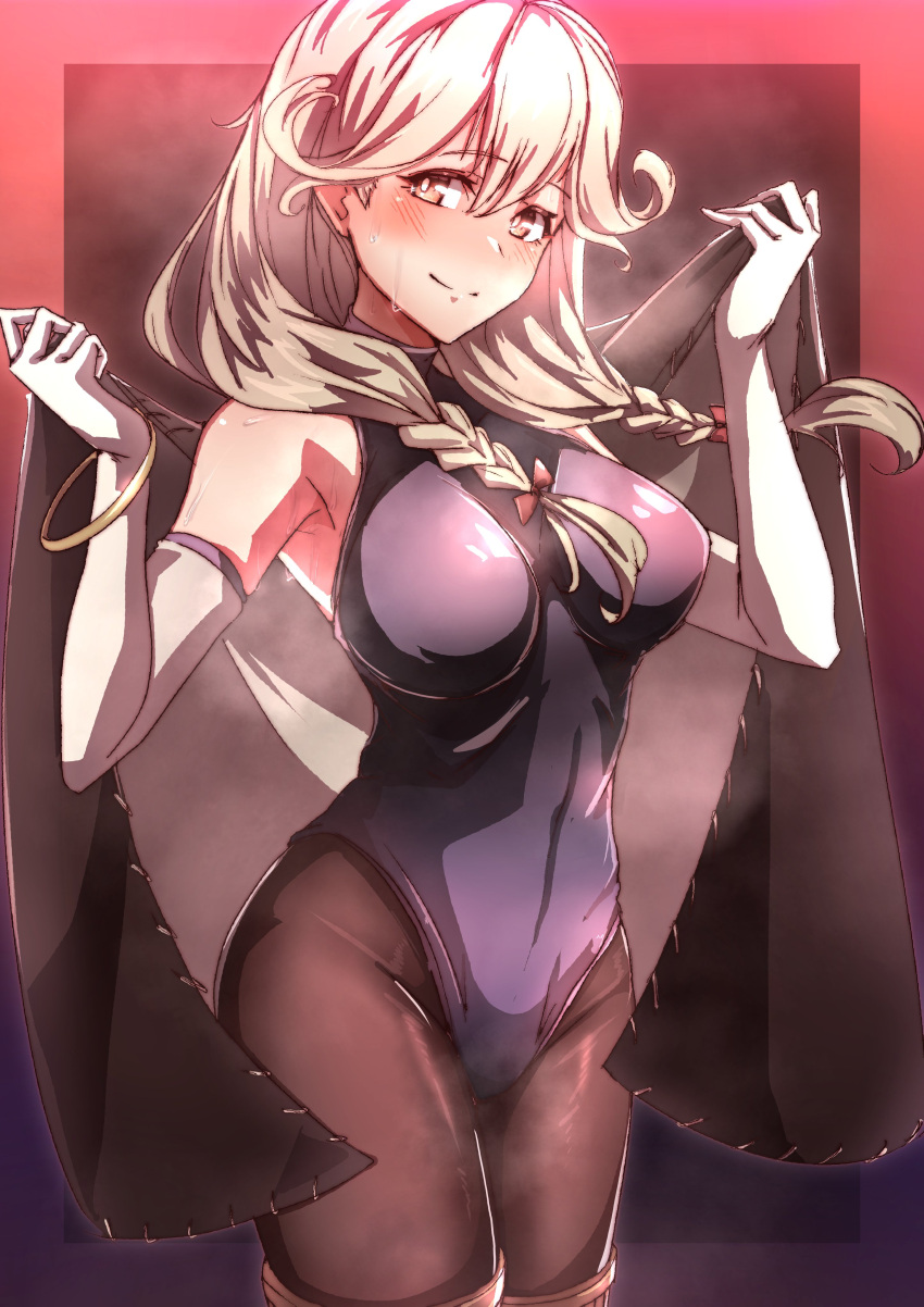 1girl absurdres black_leotard black_pantyhose blonde_hair blush braid breasts brown_eyes cape closed_mouth cowboy_shot elbow_gloves faye_(fire_emblem) fire_emblem fire_emblem_echoes:_shadows_of_valentia gloves hair_between_eyes highres large_breasts leotard long_hair looking_at_viewer pantyhose smile solo steaming_body sweat to_(tototo_tk) twin_braids white_gloves