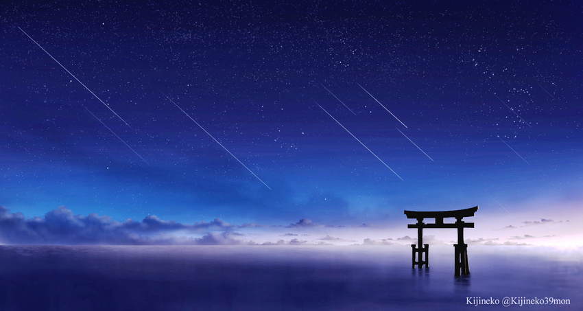 cloud commentary_request kijineko night night_sky no_humans ocean original outdoors partial_commentary reflection scenery seascape signature sky star_(sky) starry_sky torii twitter_username water_surface