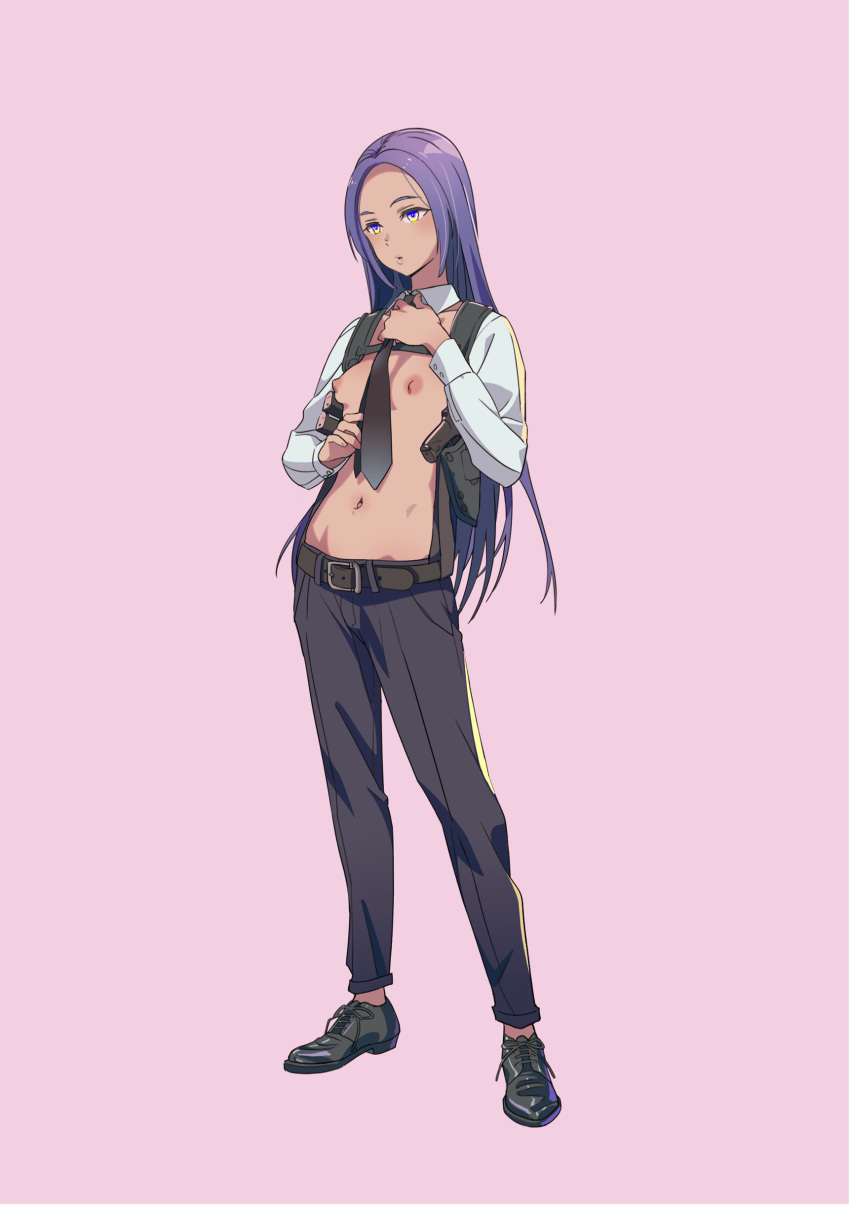 1girl absurdres belt black_footwear black_necktie black_pants breasts collar dark_skin detached_sleeves dress_shoes full_body gun highres holster long_hair mebae navel necktie open_mouth original pants pink_background puffy_nipples purple_eyes purple_hair simple_background small_breasts solo topless weapon