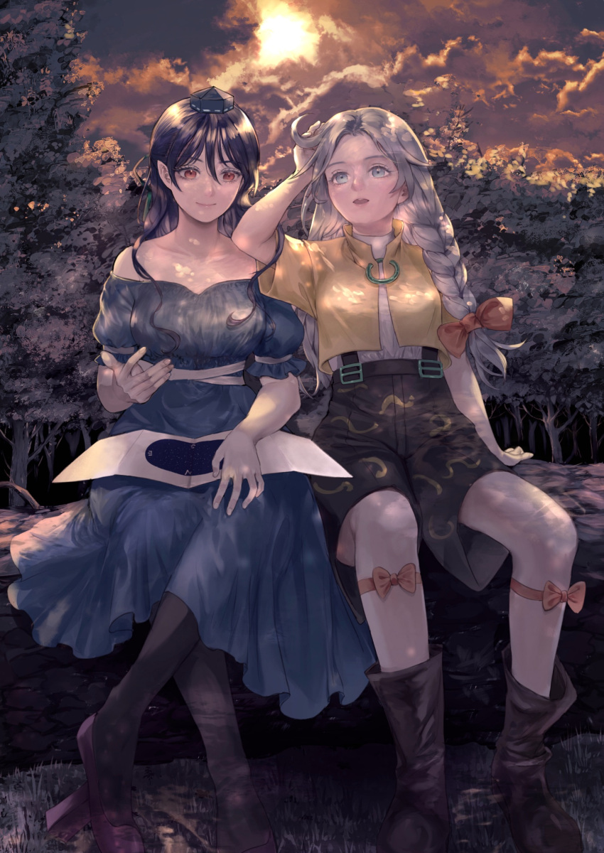 2girls adapted_costume arm_support bare_shoulders blue_dress blue_eyes blue_hair boots bow braid breasts casual closed_mouth cloud collarbone commentary_request crossed_legs dark_blue_hair dress fingernails geta gonglijeongli hair_between_eyes hair_bow hair_ribbon hand_up hat highres himemushi_momoyo iizunamaru_megumu leg_ribbon long_hair medium_breasts multiple_girls off-shoulder_dress off_shoulder open_mouth orange_bow pointy_ears puffy_short_sleeves puffy_sleeves red_bow red_eyes ribbon short_sleeves shorts smile tengu-geta tokin_hat touhou tress_ribbon very_long_hair