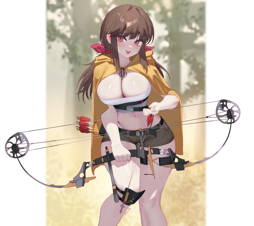 1girl absurdres arrow_(projectile) belt bird blush bow_(weapon) breasts brown_hair brown_shorts cleavage cloak compound_bow cowboy_shot eonsang falcon falcon_(girls'_frontline) girls'_frontline girls'_frontline_neural_cloud hair_ribbon highres holding holding_bow_(weapon) holding_weapon hood hooded_cloak knee_pads large_breasts long_hair looking_at_viewer navel open_mouth panty_straps red_eyes red_ribbon ribbon short_shorts shorts single_knee_pad solo strapless thighs tube_top twintails weapon white_tube_top yellow_cloak