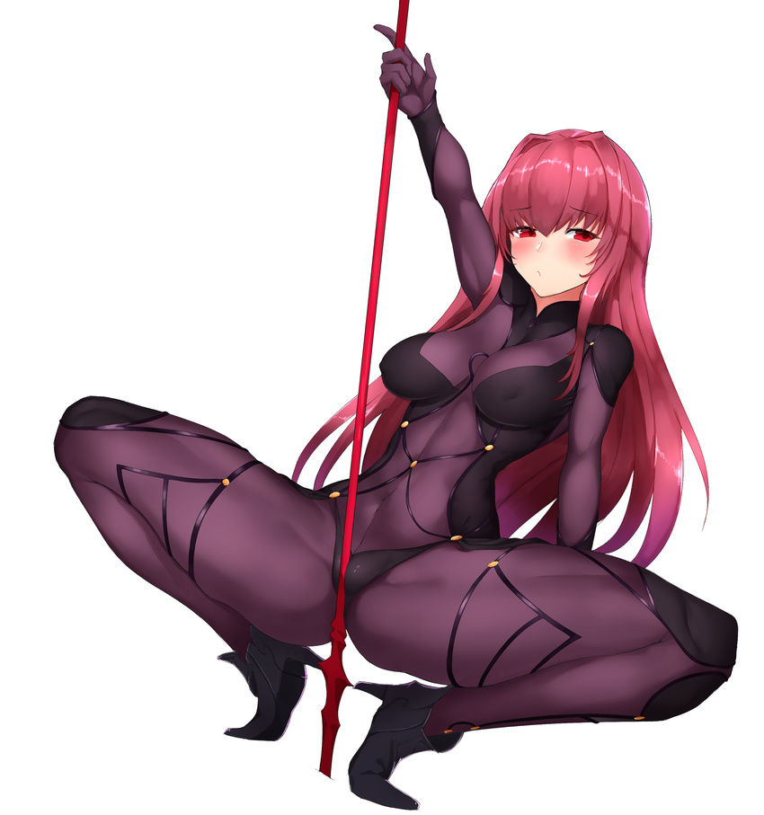 :o absurdres blush boruhis cameltoe covered_navel covered_nipples fate/grand_order fate_(series) hair_intakes high_heels highres long_hair purple_hair red_eyes rubbing scathach_(fate)_(all) scathach_(fate/grand_order) sexually_suggestive simple_background skin_tight solo white_background
