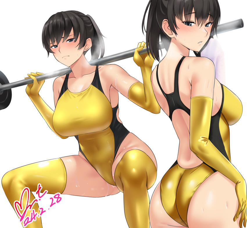 1girl amagami ass barbell bare_shoulders black_eyes black_hair black_one-piece_swimsuit blush breasts closed_mouth commentary_request commission competition_swimsuit covered_navel dated elbow_gloves exercise gloves highleg highleg_swimsuit highres holding holding_towel large_breasts looking_at_viewer multiple_views one-piece_swimsuit parted_lips pixiv_commission ponytail short_hair signature simple_background squatting steaming_body sweat swimsuit teeth thighhighs towel tsukahara_hibiki turning_head two-tone_swimsuit weightlifting white_background white_towel wiping_sweat yellow_gloves yellow_one-piece_swimsuit yellow_thighhighs yoo_tenchi