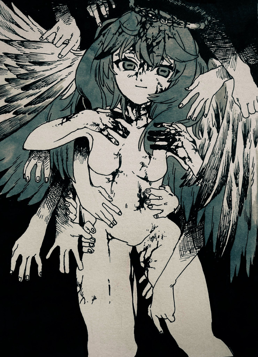 1girl black_blood blood blood_on_body blood_on_face blood_on_hands body_horror breasts completely_nude cropped_legs happy_saint_sheol highres horizontal_pupils ink looking_at_viewer maya_elbeth medium_breasts medium_hair monochrome multiple_hands nude smile solo unknown_sakaki wings