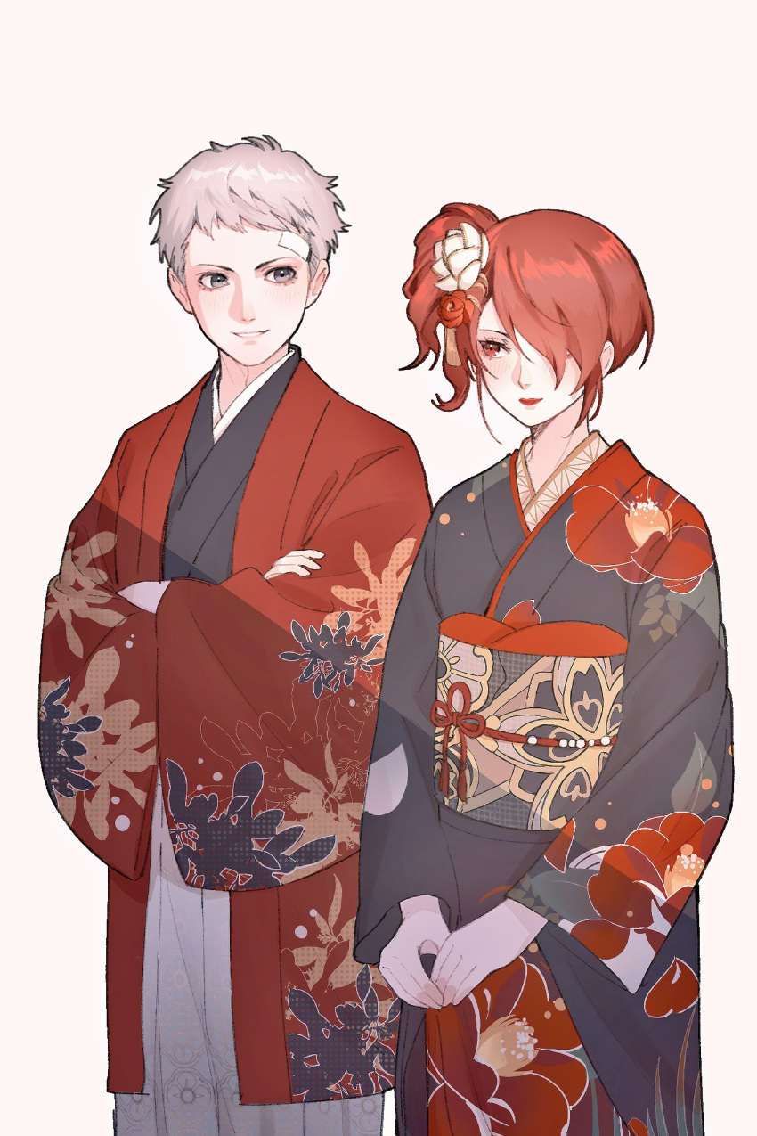 1boy 1girl bandaid bandaid_on_face bandaid_on_forehead black_kimono blush closed_mouth cowboy_shot crossed_arms fiori_(fiofiori_) floral_print floral_print_kimono flower grey_hair hair_flower hair_ornament hair_over_one_eye hakama hakama_pants highres japanese_clothes kimono kirijou_mitsuru long_hair long_sleeves looking_at_another obi own_hands_together pants parted_lips persona persona_3 persona_3_reload print_kimono red_eyes red_hair red_lips sanada_akihiko sash short_hair simple_background wide_sleeves