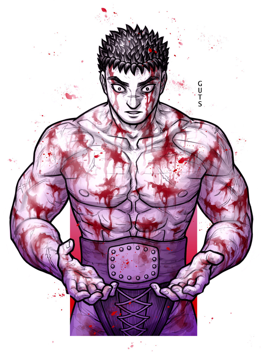 1boy abs belt berserk blood blood_in_hair blood_on_clothes blood_on_face blood_on_hands blood_splatter character_name commentary english_commentary guts_(berserk) highres limited_palette male_focus muscular muscular_male pectorals renedraws scar scar_on_arm scar_on_face scar_on_nose solo topless upper_body