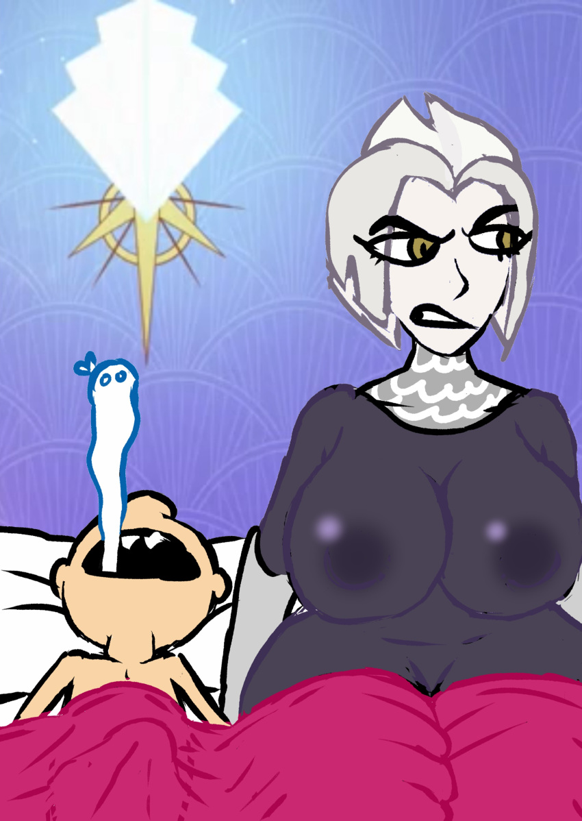 absurdres after_sex age_difference angel bed breasts clothed_female_nude_male crossover hazbin_hotel highres large_breasts lincoln_loud lute_(hazbin_hotel) nude open_mouth size_difference the_and the_loud_house thick_thighs thighs wide_hips