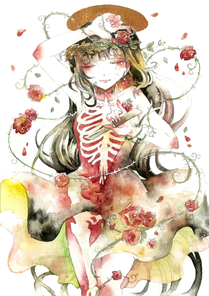 1girl black_dress black_hair blunt_bangs closed_eyes collarbone dress flower halo hand_up head_wreath highres holding holding_knife index_finger_raised knife kurage_nanami leaf long_hair original painting_(medium) plant red_flower sidelocks simple_background skeleton smile solo thighs traditional_media very_long_hair vines watercolor_(medium) white_background white_nails