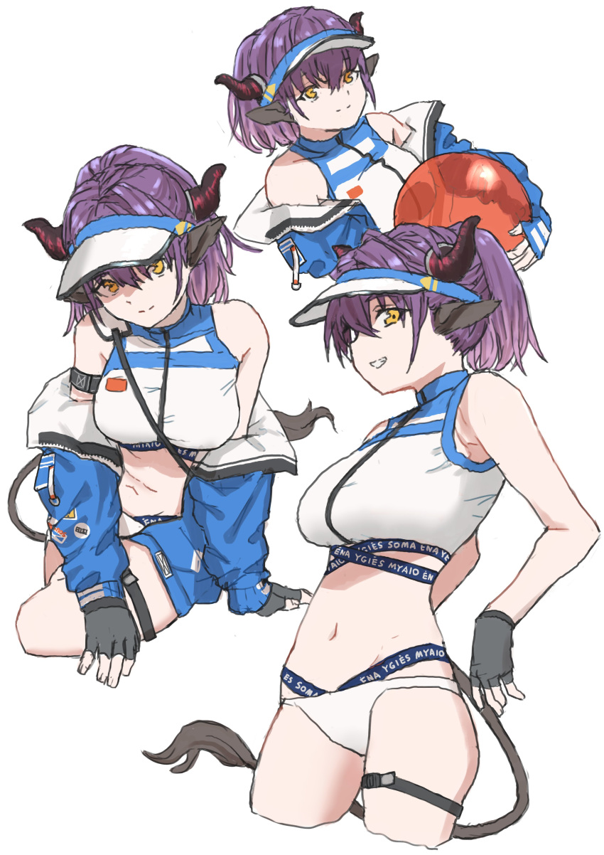 02_(0203rei_ni) 1girl absurdres animal_ears arknights arm_strap ball bare_shoulders bikini black_gloves blonde_hair blue_jacket breasts cow_ears cow_girl cow_horns cow_tail cropped_legs cropped_torso fingerless_gloves gloves grin highres holding holding_ball horns jacket long_sleeves looking_at_viewer multiple_views navel off_shoulder official_alternate_costume open_clothes open_jacket purple_hair short_hair sideroca_(arknights) sideroca_(light_breeze)_(arknights) simple_background smile stomach swimsuit tail thigh_strap underbust visor_cap white_background white_bikini
