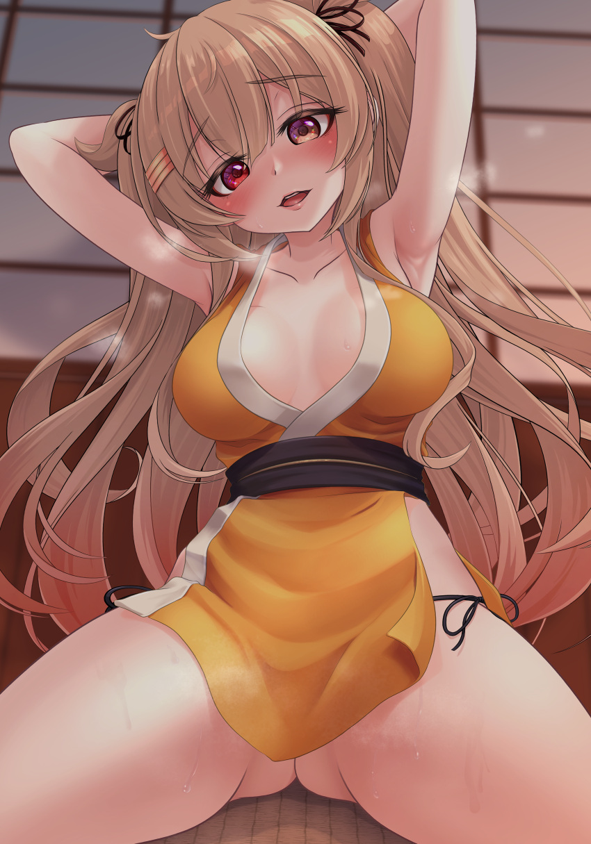1girl absurdres alternate_costume arms_behind_head ass breasts brown_eyes collarbone commission heterochromia highres japanese_clothes kantai_collection kimono large_breasts light_brown_hair makura_(y_makura) murasame_(kancolle) murasame_kai_ni_(kancolle) ninja pixiv_commission red_eyes shouji sleeveless sliding_doors solo two_side_up yellow_kimono